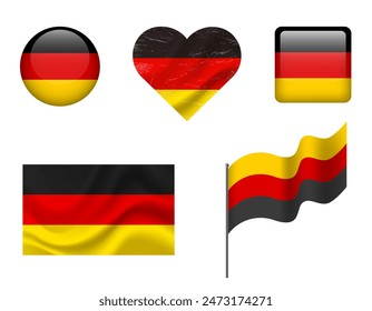 Germany flag set of icons. Vector flag of Germany, symbol. Set of German flags - button, waved, heart.