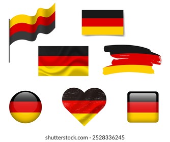 Germany flag set of icons. Vector flag of Germany, symbol. Set of German flags brush, button, waved, heart.