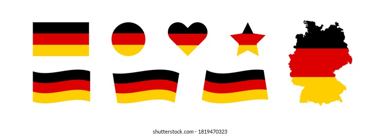 Germany flag set vector icon. Isolated sticker european country map. National German colors black, red and yellow. Isolated illustration