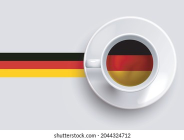 Bandera alemana con una sabrosa taza de café en la parte superior y un fondo degradado. Bebida caliente con bandera alemana, ilustración vectorial. 
