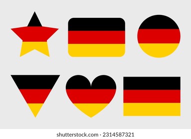 Germany flag vector icons set in the shape of heart, star, circle and map. German flag illustration in different geometrical shapes.