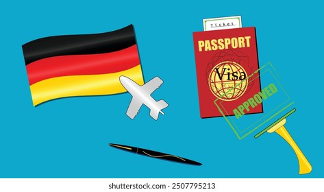 Germany flag with white plane icon. Passport with visa approved stamp. Black stylish Pen. Deutschland Travel poster. Editable vector EPS available