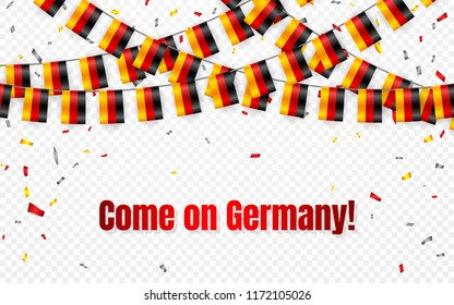 Germany flags garland on transparent background with confetti. Hang bunting for German independence Day celebration template banner, Vector illustration.