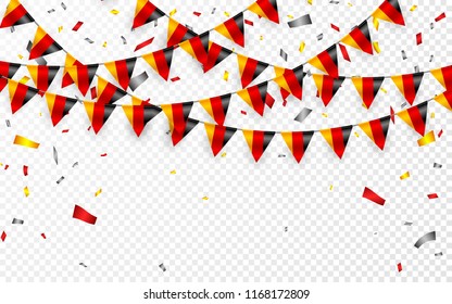 Germany flags garland white background with confetti, Hang bunting for German national Day celebration template banner, Vector illustration.