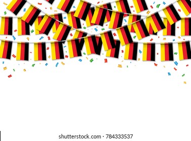 Germany flags garland white background with confetti, Hang bunting for German national Day celebration template banner, Vector illustration