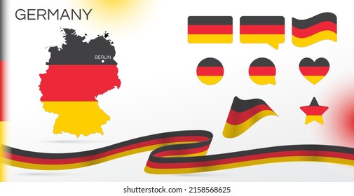 Germany flags set. Various designs. Map and capital city. World flags. Vector set. Circle icon. Template for independence day. Collection of national symbols. Ribbon with colors of the flag. Berlin