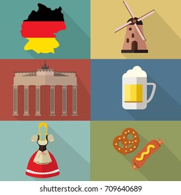 Germany flat design icon set with shadows.Cartoon style Berlin travel poster with signs of famous attractions and cuisine.Beer,sausage,pretzel,map,flag.Vector illustration.