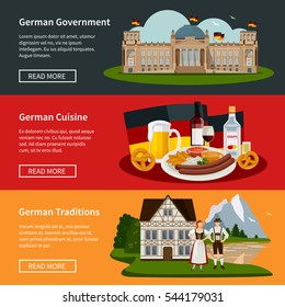 Germany flat horizontal banners with plate of national food government building and traditional symbols vector illustration