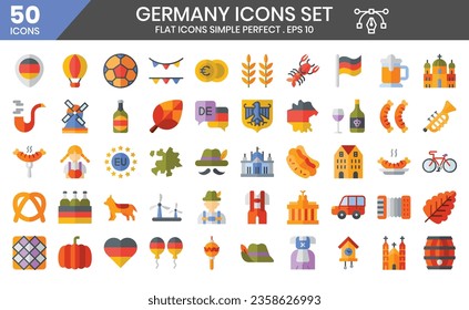 Juego de iconos (planos) de Alemania. Las colecciones de elementos se pueden utilizar en publicaciones de medios sociales, diseño web, diseño de aplicaciones y más.
