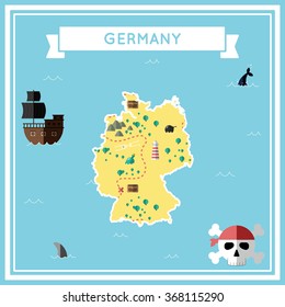 Germany flat treasure map. Colorful cartoon treasure map of Germany with flat icons of pirate ship, jolly roger, treasure chest and banner ribbon. Flat design vector illustration.