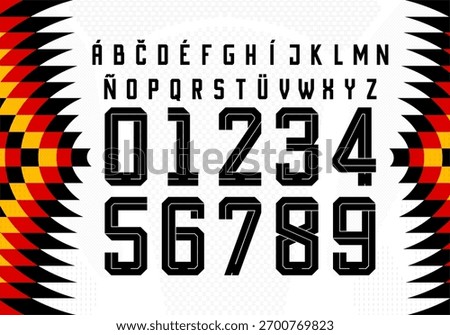 germany font, Vector sports typeface inspired by professional soccer uniforms. Strong geometric numbers and letters for athletic identity, apparel prints
