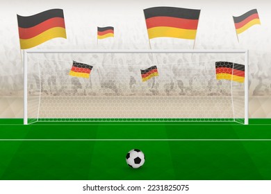 Deutschland Fußballmannschaften Fans mit Flaggen von Deutschland jubeln auf Stadion, Elfmeterkonzept in einem Fußballspiel. Sport, Vektorgrafik.