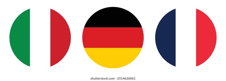 Conjunto de iconos de Vector de bandera redonda de Alemania, Francia e Italia. Bandera nacional de Europa en círculo. Botón redondo.