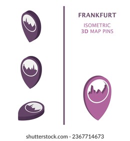 Germany Frankfurt 3D vector logo set. Isometric map pin, geolocation pointer, modern skyline icon, concept, isolated graphic