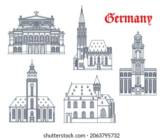 Germany, Frankfurt architecture buildings and travel landmarks, vector. Churches of St Catherine, Saint Paul and Leonhard, Old Opera concert hall and Alte Nikolaikirche, Frankfurt am Main, Germany