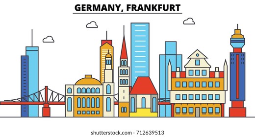 Germany, Frankfurt. City skyline: architecture, buildings, streets, silhouette, landscape, panorama, landmarks. Editable strokes. Flat design line vector illustration concept. Isolated icons set