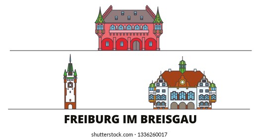 Germany, Freiburg Im Breisgau flat landmarks vector illustration. Germany, Freiburg Im Breisgau line city with famous travel sights, skyline, design. 