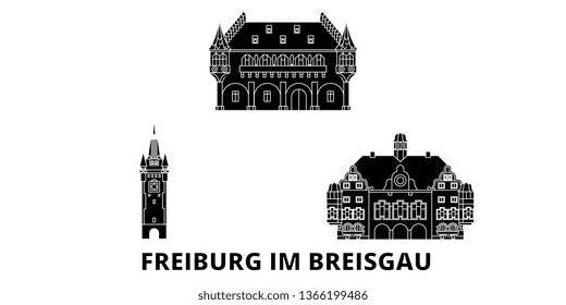 Germany, Freiburg Im Breisgau flat travel skyline set. Germany, Freiburg Im Breisgau black city vector illustration, symbol, travel sights, landmarks.