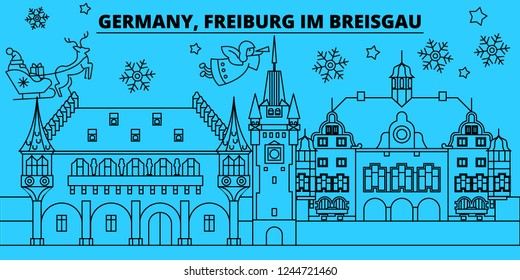 Germany, Freiburg im Breisgau winter holidays skyline. Merry Christmas, Happy New Year  with Santa Claus.Germany, Freiburg im Breisgau linear christmas city vector flat illustration