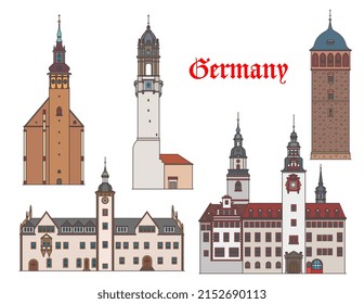 Alemania, Friburgo, Schneeberg, Chemnitz y Bautzen, arquitectura de edificios vectoriales. Lugares emblemáticos de la iglesia de St Wolfgang, el ayuntamiento de Rathaus y la torre Reichenturm en el barrio alemán de Baden Wurttemberg y Sajonia