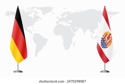 Deutschland und Französisch-Polynesien Flaggen für offizielles Treffen vor dem Hintergrund der Weltkarte.