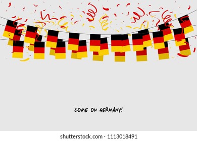 Germany garland flag with confetti on gray background, Hang bunting for Germany celebration template banner. vector