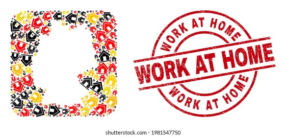 Germany geographic map collage in Germany flag official colors - red, yellow, black, and Work at Home red circle badge. Work at Home badge uses vector lines and arcs.
