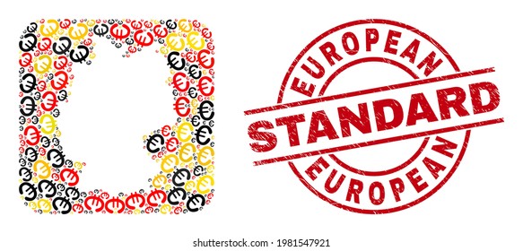 Collage de mapas geográficos de Alemania en los colores oficiales de la bandera de Alemania - rojo, amarillo, negro y en peligro estampado del círculo rojo del estándar europeo. El sello estándar europeo utiliza líneas vectoriales y arcos.