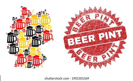 Germany geographic map mosaic in Germany flag official colors - red, yellow, black, and dirty Beer Pint red rosette badge. Vector beer mug design elements are formed into mosaic German map collage.