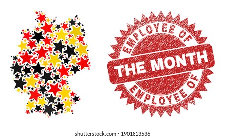 Germany geographic map mosaic in Germany flag official colors - red, yellow, black, and unclean Employee of the Month red rosette badge.