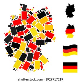 Mosaico geográfico de mapa de Alemania en los colores oficiales de la bandera alemana - rojo, amarillo, negro. Los elementos de diseño rectangular rellenados por vectores se dispersan en la abstracción del mapa de Alemania en mosaico.