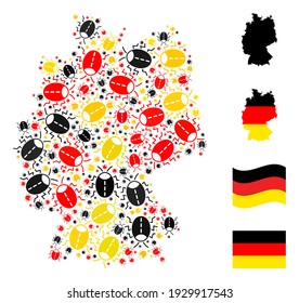 Germany geographic map mosaic in Germany flag official colors - red, yellow, black. Vector bug items are arranged into mosaic German map composition.