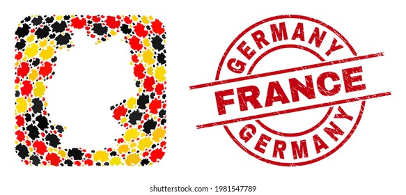 Mosaico geográfico de mapa de Alemania en los colores oficiales de la bandera alemana - rojo, amarillo, negro y texturado Alemania Bandera roja redonda de Francia. La insignia alemana de Francia utiliza líneas vectoriales y arcos.