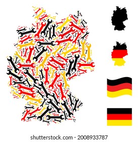 Mosaico geográfico de mapa de Alemania en los colores oficiales de la bandera alemana - rojo, amarillo, negro. Los elementos de llave vectorial se combinan en la abstracción de mapas estilizada de Alemania.