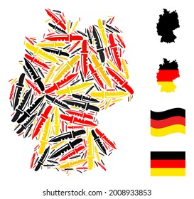 Germany geographic map mosaic in Germany flag official colors - red, yellow, black. Vector knife elements are placed into mosaic Germany map abstraction.