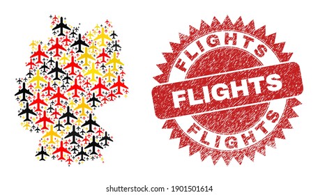 Germany geographic map mosaic in German flag official colors - red, yellow, black, and distress Flights red rosette stamp imitation.