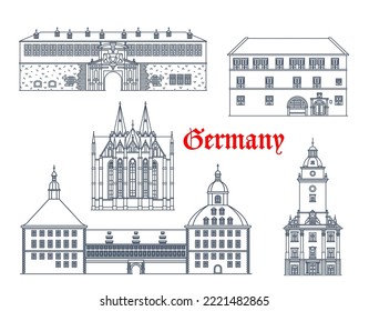 Germany, Gotha, Muhlhausen and Erfurt buildings, vector architecture landmarks. Germany Thuringia buildings Rathaus town hall, Divi Blasii church, Petersberg Citadel fortress and Friedenstein Palace