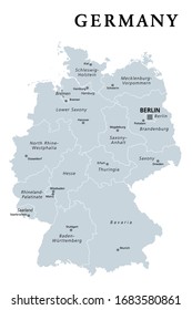 Germany, gray political map. States of the Federal Republic of Germany with capital Berlin and 16 partly-sovereign states. Country in Central and Western Europe. English labeling. Illustration. Vector svg
