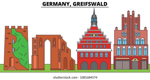 Germany, Greifswald. City skyline, architecture, buildings, streets, silhouette, landscape, panorama, landmarks. Editable strokes. Flat design line vector illustration concept. Isolated icons