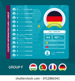 Germany group F Football 2020 tournament final stage vector illustration. Country team lineup table with place for information. 2020 soccer tournamet Vector country flags.