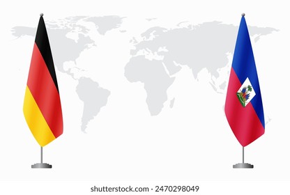 Germany and Haiti flags for official meeting against background of world map.