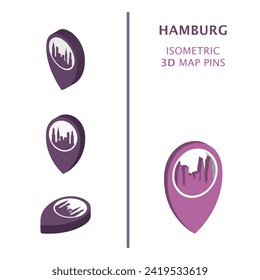 Germany Hamburg 3D vector logo set. Isometric map pin, geolocation pointer, modern skyline icon, concept, isolated graphic