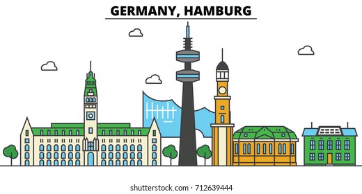 Germany, Hamburg. City skyline: architecture, buildings, streets, silhouette, landscape, panorama, landmarks. Editable strokes. Flat design line vector illustration concept. Isolated icons set