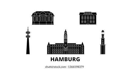 Germany, Hamburg flat travel skyline set. Germany, Hamburg black city vector illustration, symbol, travel sights, landmarks.
