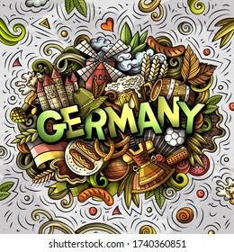 Germany hand drawn cartoon doodles illustration. Funny travel design. Creative art vector background. Handwritten text with German symbols, elements and objects. Colorful composition