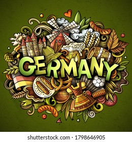 Germany hand drawn cartoon doodles illustration. Funny travel design. Creative art vector background. Handwritten text with German symbols, elements and objects. Colorful composition