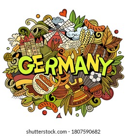 Germany hand drawn cartoon doodles illustration. Funny travel design. Creative art vector background. Handwritten text with German symbols, elements and objects. Colorful composition