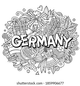 Germany hand drawn cartoon doodles illustration. Funny travel design. Creative art vector background. Handwritten text with German symbols, elements and objects.