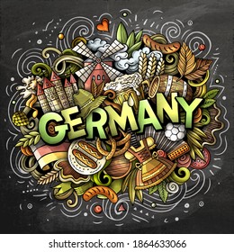 Germany hand drawn cartoon doodles illustration. Funny travel design. Creative art vector background. Handwritten text with German symbols, elements and objects. Colorful composition