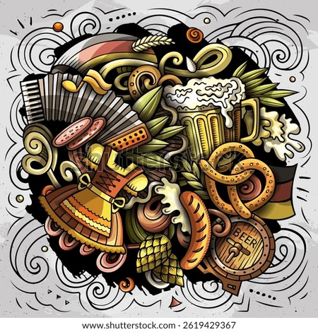 Germany hand drawn cartoon doodles illustration. Funny travel design. Creative art vector background. German symbols, elements and objects. Colorful composition